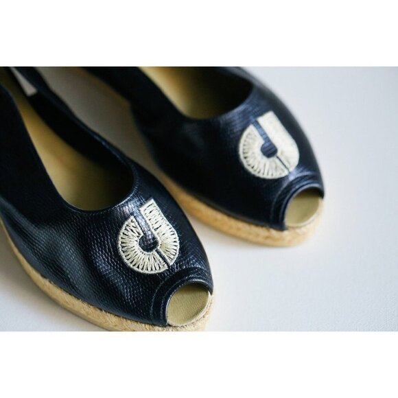Vintage Charles Jourdan Paris Black Leather Embroidered  Espadrilles 5 - Picture 2 of 9